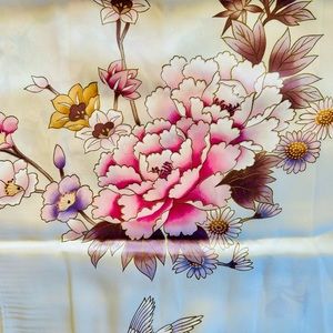 Japanese Long Skinny Cream Color Silk Scarf Crane and Floral Pastel Pattern